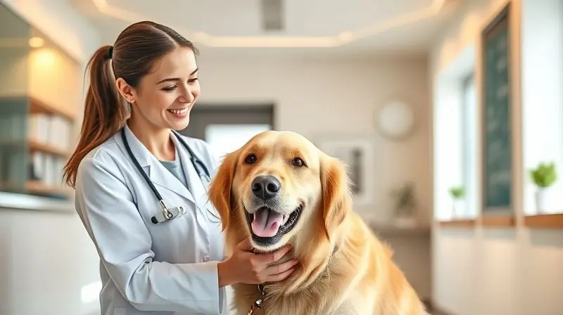 Veterinária profissional examinando um cão saudável em uma clínica para ilustrar a opinião de especialistas sobre a ração Gran Plus.
