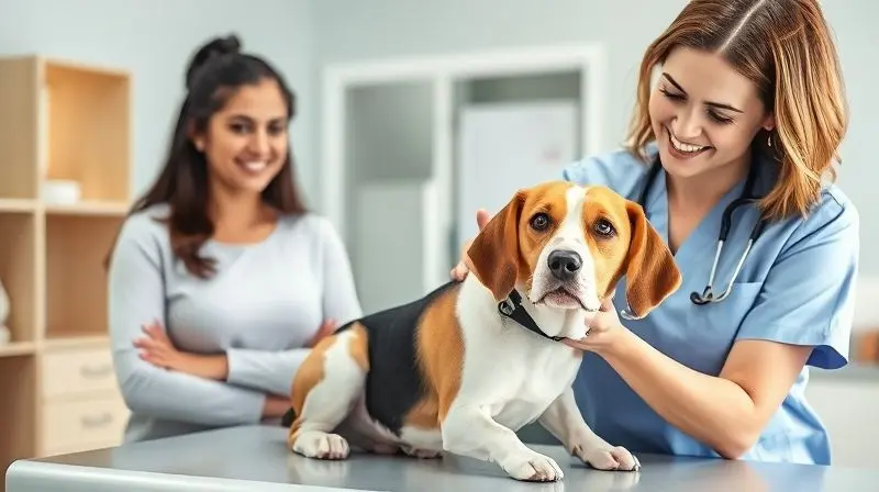 Veterinária examinando um cão saudável em uma clínica, representando a opinião positiva de veterinários e tutores sobre a ração.