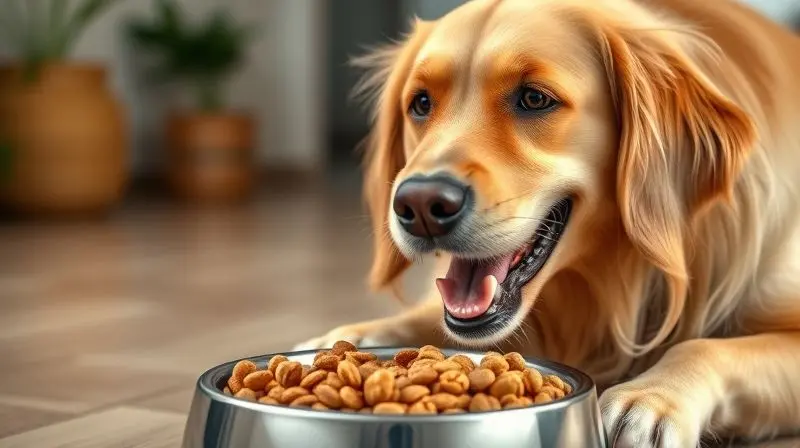 Cão da raça Golden Retriever comendo ração com satisfação, demonstrando a alta palatabilidade e aceitação do alimento pelos cães.