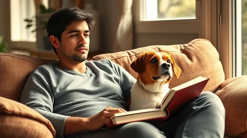 Pessoa com expressão pensativa lendo um livro sobre cães com seu cachorro ao lado, buscando respostas para perguntas frequentes sobre adestramento.