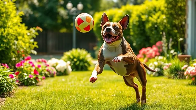 Um American Staffordshire Terrier demonstrando sua personalidade leal e brincalhona ao buscar uma bola no quintal com seu dono.