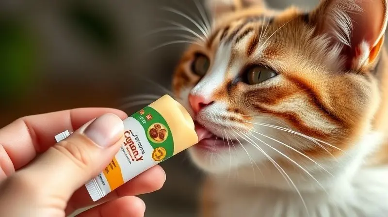 Gato fofo lambendo um petisco cremoso e úmido diretamente da embalagem na mão de uma pessoa, mostrando um tipo popular de snack para gatos.