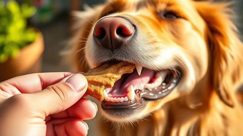 Cachorro com dentes visivelmente limpos e saudáveis prestes a comer um petisco funcional para a saúde bucal.