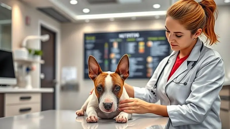 Veterinário examinando um cão Bull Terrier para discutir problemas de saúde comuns e a importância de uma dieta correta para a raça.