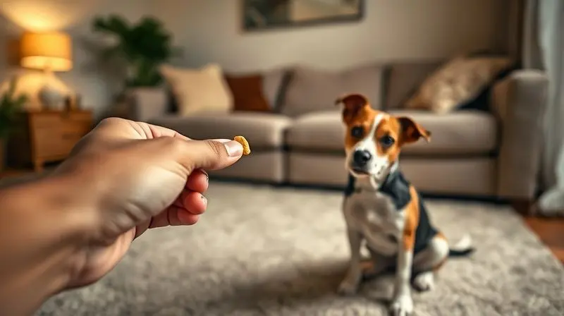 Tutor oferecendo um petisco como recompensa para seu cachorro bem-comportado, demonstrando a forma correta de premiar o pet.