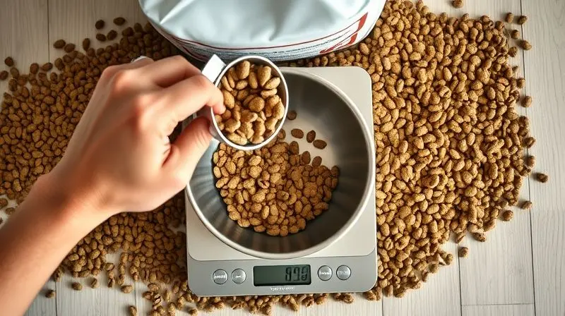Mão medindo a porção exata de ração diária para um Weimaraner com um copo medidor e uma balança de cozinha para garantir a quantidade correta.