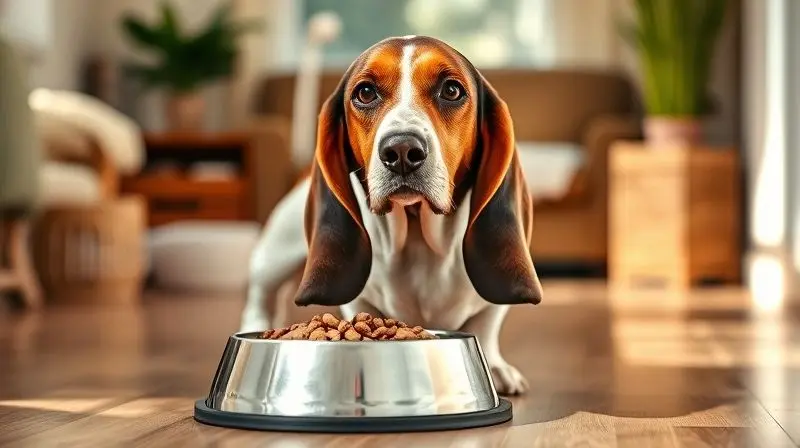 Basset Hound adulto e saudável ao lado de sua tigela de ração, demonstrando a alimentação ideal para esta fase da vida.