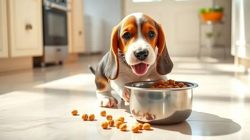 Filhote de Basset Hound comendo sua primeira ração específica para a idade e porte da raça.