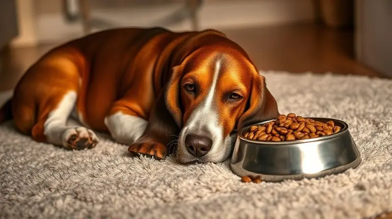 Um Basset Hound idoso descansando ao lado de sua tigela, com uma ração apropriada para cães sêniores.