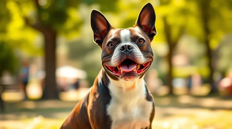 Boston Terrier adulto em um parque, demonstrando a vitalidade e saúde que uma ração adequada para esta fase da vida proporciona.