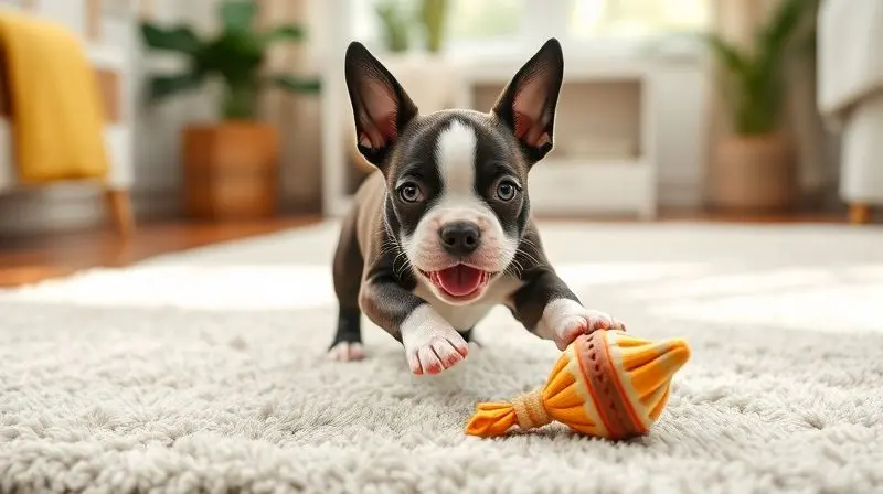 Um filhote de Boston Terrier saudável e brincalhão, representando a fase inicial da vida que necessita de ração específica.