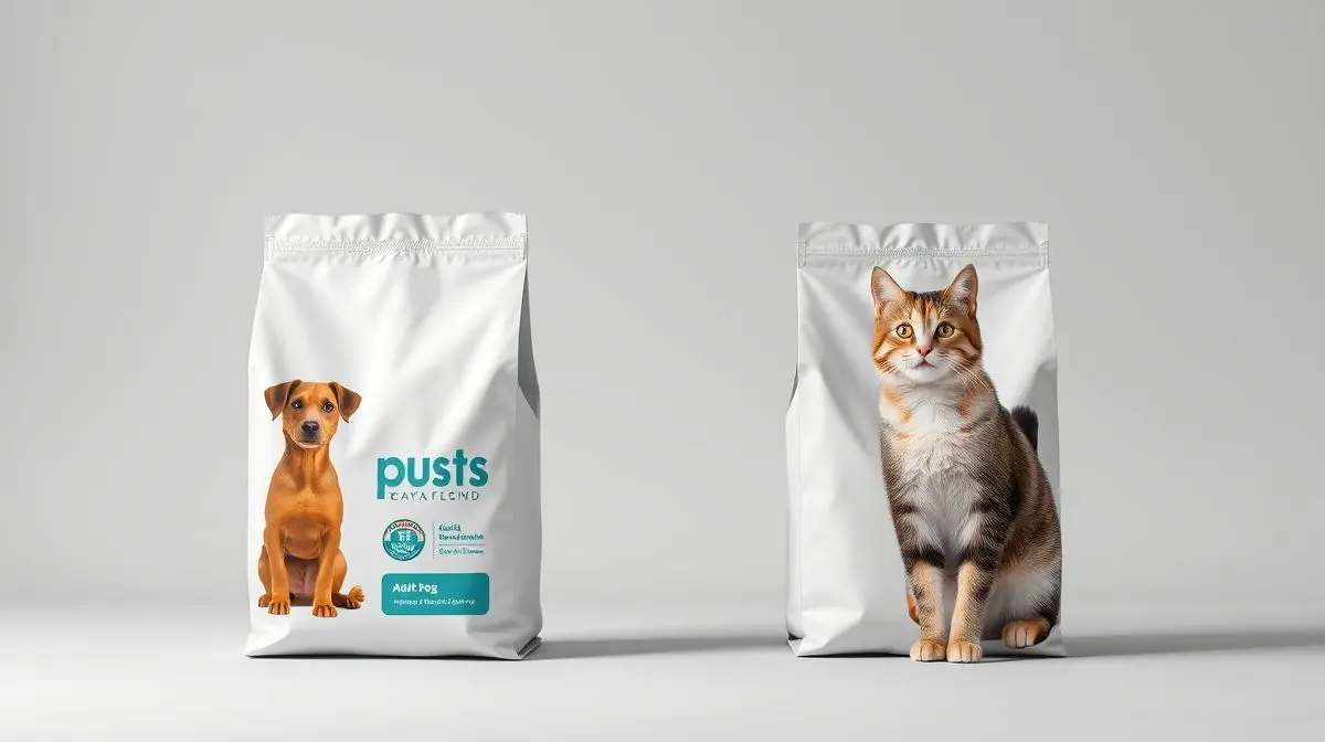 Embalagens genéricas de ração para cães e gatos em fundo de estúdio, representando uma análise completa para saber se a ração Faro é boa.