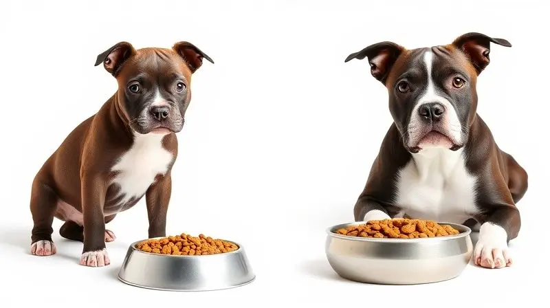 Comparativo visual da alimentação de um filhote e um adulto de American Staffordshire Terrier, com tigelas de ração de tamanhos diferentes.