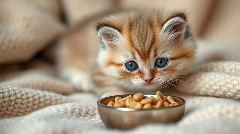 Um filhote de gato Persa, fofo e de olhos azuis, ao lado de uma tigela com ração específica para gatinhos, em um ambiente aconchegante.