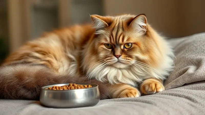 Um gato Persa sênior, de aparência serena e saudável, descansando ao lado de uma tigela de ração para gatos idosos, ilustrando a alimentação na terceira idade.