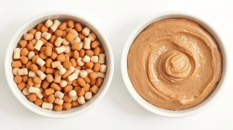 Comparativo visual entre ração seca e ração úmida para gatos em duas tigelas brancas, mostrando a diferença de textura e aparência dos alimentos.