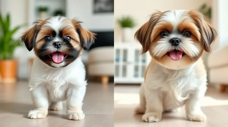 Comparativo visual entre um filhote de Shih Tzu e um Shih Tzu adulto, ilustrando a importância de escolher a ração certa para cada fase da vida.