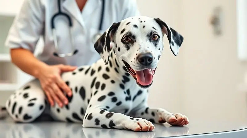 Veterinário examinando um cão Dálmata em uma clínica para demonstrar a importância da saúde, vacinação e controle de parasitas.