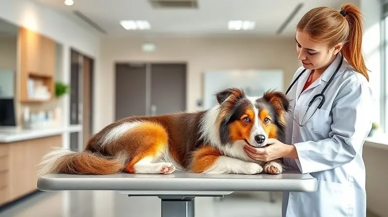Cão Pastor de Shetland em uma consulta de rotina no veterinário para cuidados com a saúde e vacinação em dia.