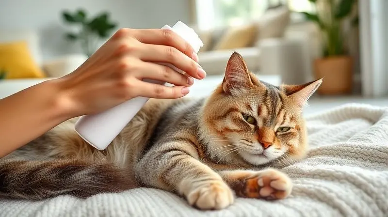 Aplicação de shampoo a seco no pelo de um gato calmo, mostrando uma alternativa prática e sem água para a higiene felina.