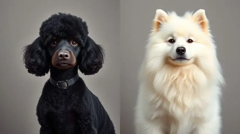 Comparativo de pelagens: um poodle de pelo escuro e encaracolado ao lado de um samoieda de pelo claro e liso, para ilustrar tipos de shampoo.