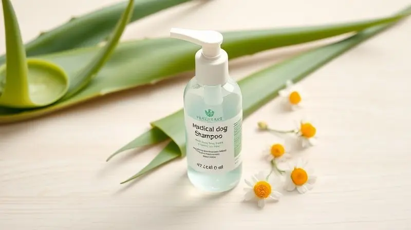Frasco de shampoo medicamentoso para cães com alergias ou dermatite, ao lado de ingredientes naturais e calmantes como aloe vera.
