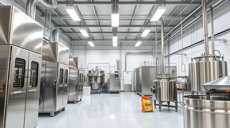 Interior de uma fábrica moderna e limpa de ração, ilustrando o cuidado na produção da marca Fórmula Natural.