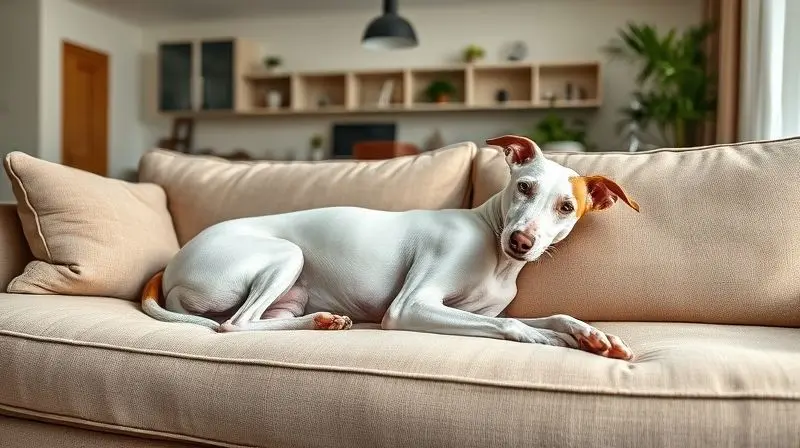 Um cão da raça Whippet deitado calmamente em um sofá, ilustrando o temperamento tranquilo e dócil característico da raça em um ambiente doméstico.