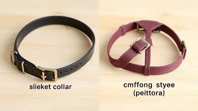 Comparativo visual entre uma coleira para gato tradicional e uma coleira do tipo peitoral, mostrando as diferenças de design e estrutura.