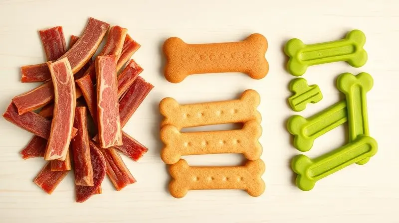 Comparativo visual dos principais tipos de petiscos: bifinhos macios, biscoitos crocantes e petiscos funcionais para saúde dental.