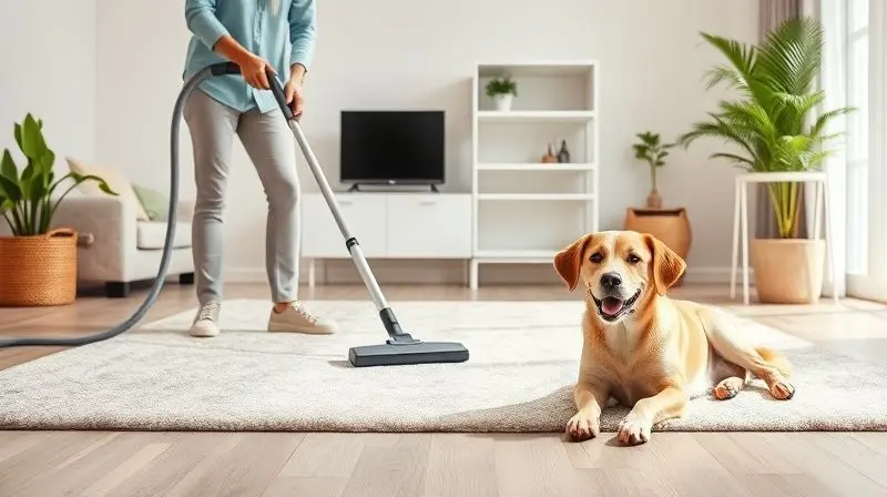Pessoa aspirando o tapete de uma sala limpa para prevenir carrapatos no ambiente, com um cão descansando perto.