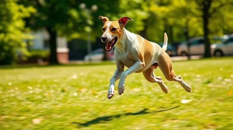 Whippet em alta velocidade correndo em um parque gramado e ensolarado, demonstrando a agilidade e a natureza ativa e energética desta raça de cão.