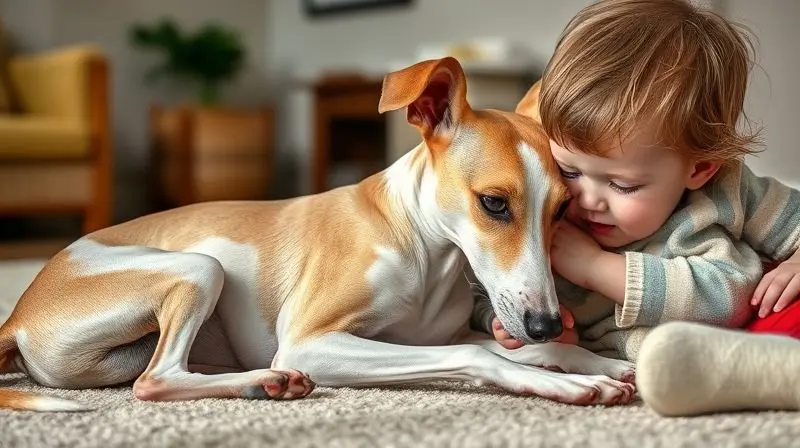 Cena afetuosa de um Whippet interagindo gentilmente com uma criança em casa, mostrando a boa convivência da raça com a família e crianças.